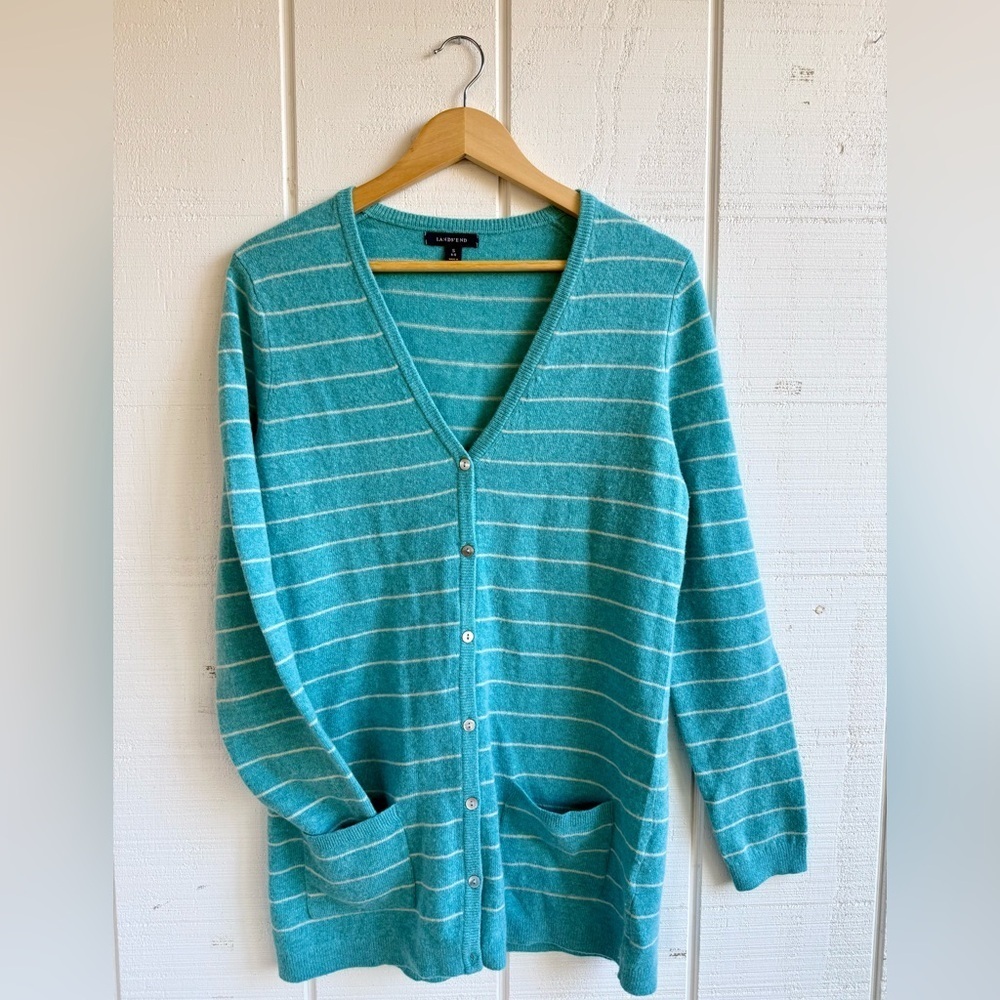 Lands' End Teal and White Wool Blend Striped V Neck Cardigan - Picture 2 of 6
